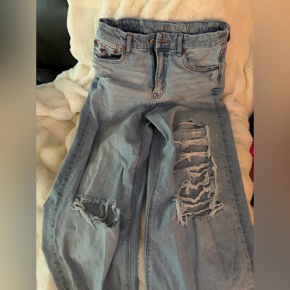 Size 2 Regular American Eagle Outfitters Ripped Light Blue Curvy Baggy Jeans
